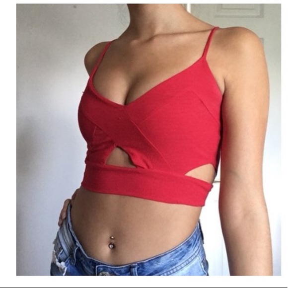 Bershka red croptop side cut out spaghetti straps Small - Picture 2 of 8